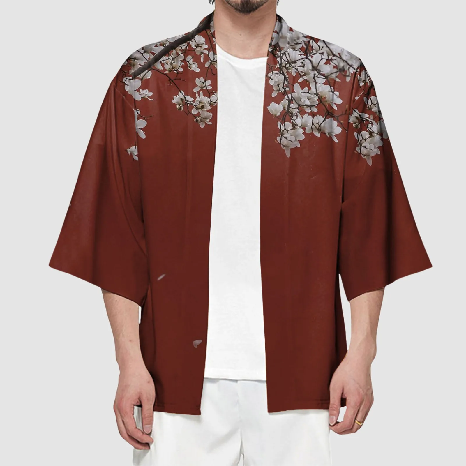 Male All Printing Collarless Antique Style Shirt Tops Spring And Summer Cool Seven Quarter Sleeved Loose Cardigan For Men