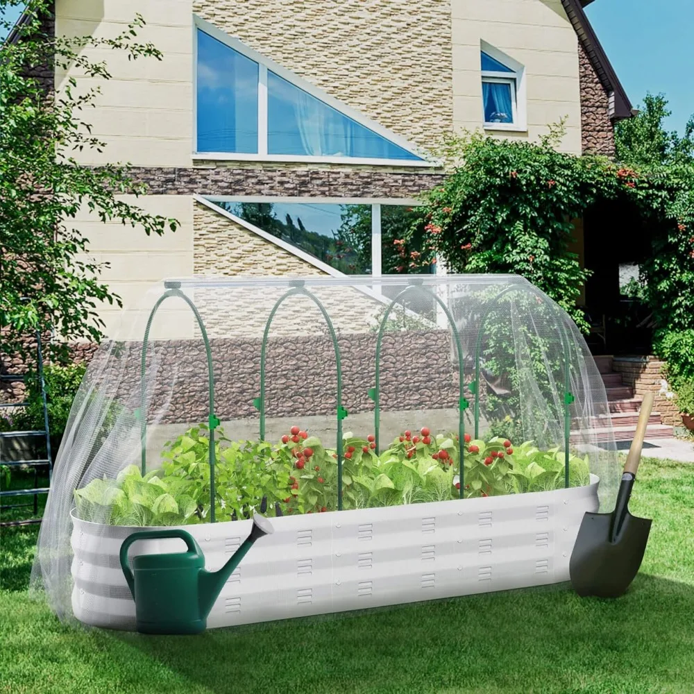 Garden Bed with Greenhouse Galvanized Planter Box with 2 Greenhouse Cover for Outdoor Gardening Garden Box