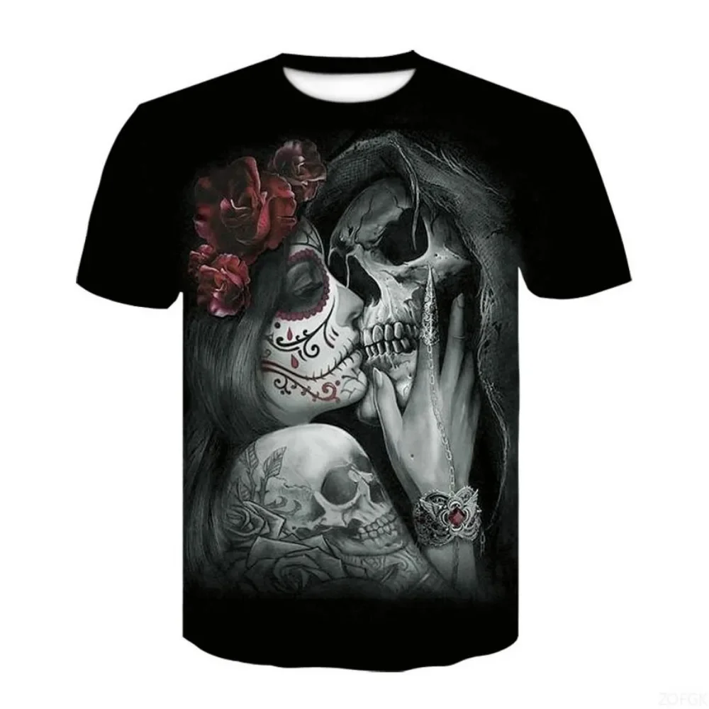 Modischer Street-Style Herren-T-Shirt mit Totenkopf-Print, Sommerliches Casual-Rundhals-T-Shirt, Trendiges Hip-Hop Y2K Herren-Oberteil