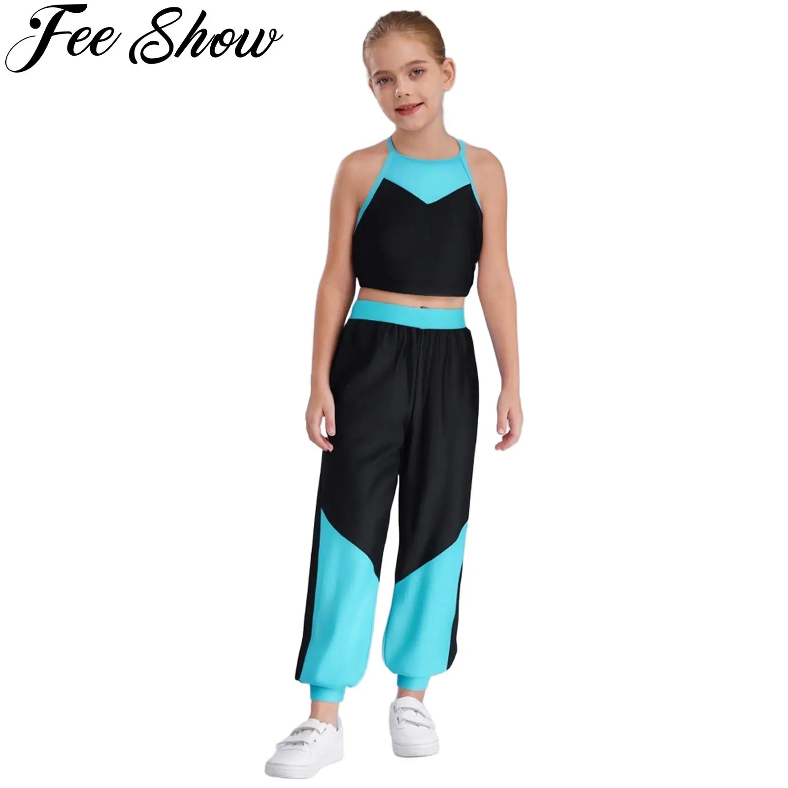 

Girls Summer Sports Set Hip Hop Streetwear Sheer Mesh Cutout Back Crop Top Vest with Pants Teen Gym Workout Running Tracksuit