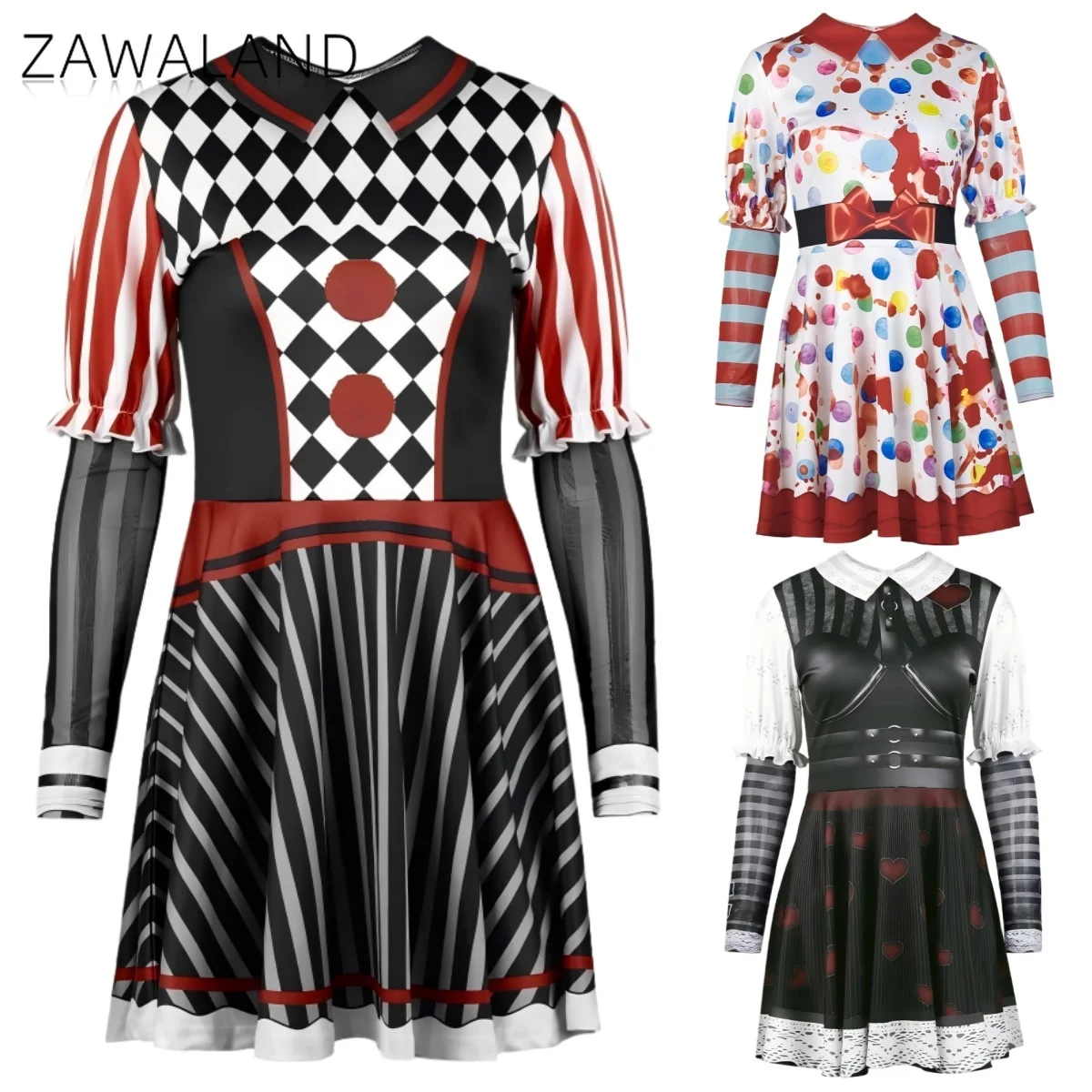 

Clown Bloodstain Cosplay Dresses Halloween Horror Performance Costume Woman Ruffled Splice Sleeves Dress Carnival Party Outfits