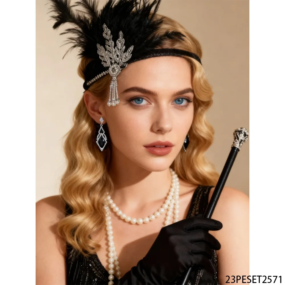 PESENAR ชุดเครื่องประดับขนนกสีดำสไตล์วินเทจ ประดับเพชร ที่คาดผมเพชร สร้อยคอมุก ถุงมือ ชุดปาร์ตี้ย้อนยุคสุดหรู