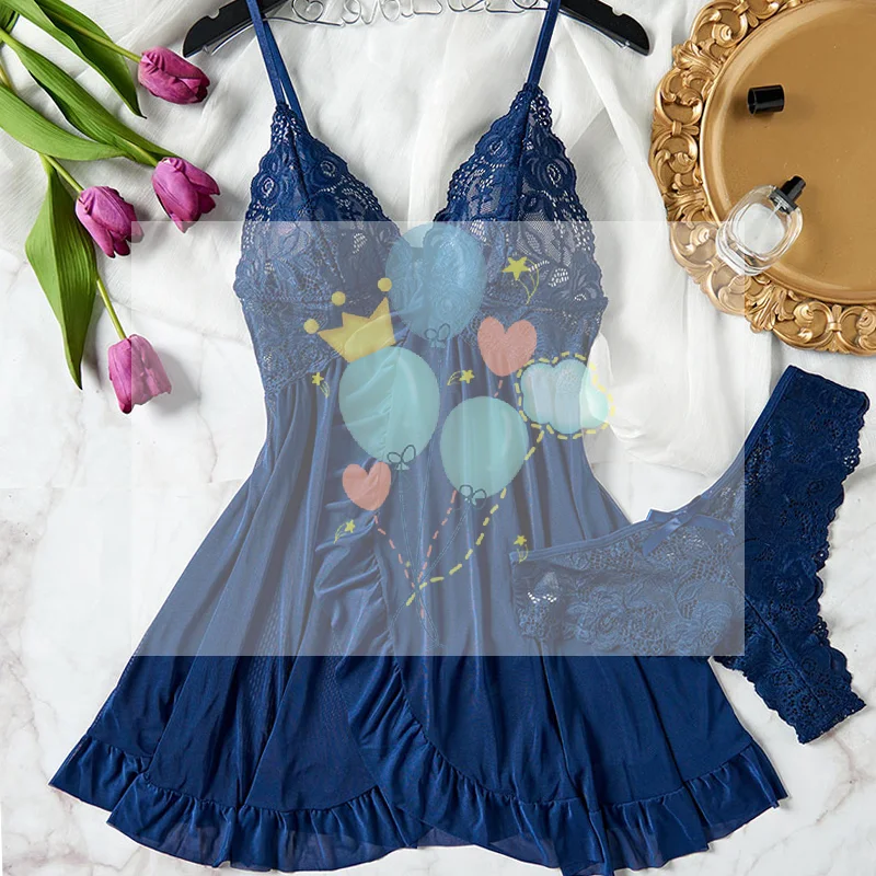 

Tulle Suspenders Exquisite Women's Lencerias Lace V-Neck Underwear Semi-transparent Thong Dress Set Females Lingerie Nightgowns