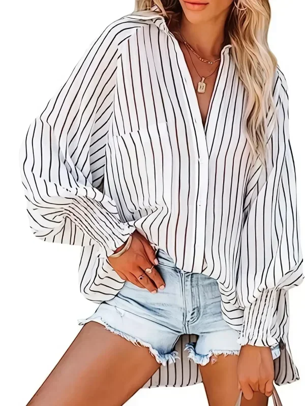 

Plus Size 1XL-5XL Women's Casual Striped Breathable Ladies Fashion V-neck Button-down Loose Shirt Long Sleeve Blouse Top