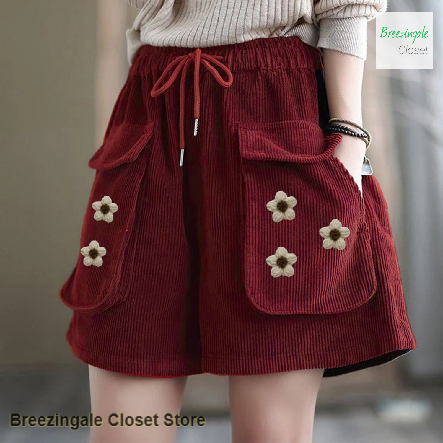 French extra-large corduroy shorts women's autumn and winter new loose Chinese style pocket crochet Joker casual wide legs.