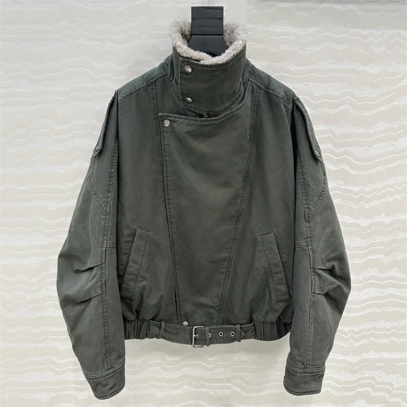 سترة نسائية سفلية 2026 ربيع جديد بياقة صوف الضأن سترة نسائية قابلة للفصل بطانة داخلية قابلة للفصل ، معطف سميك دافئ y2k