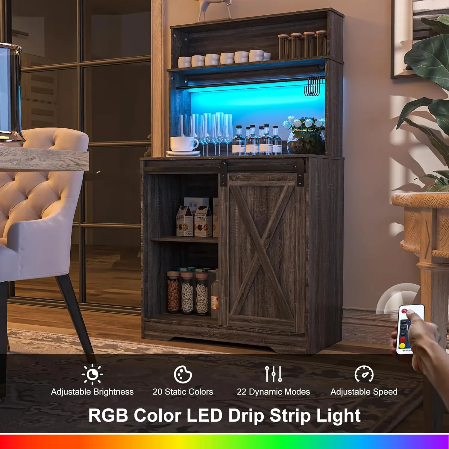 خزانة بار القهوة في المزرعة مع ضوء LED، رف خبازين مقاس 55 بوصة مع مساحة تخزين، وخزانة قهوة كبيرة مع 6 خطافات ومنزلق B