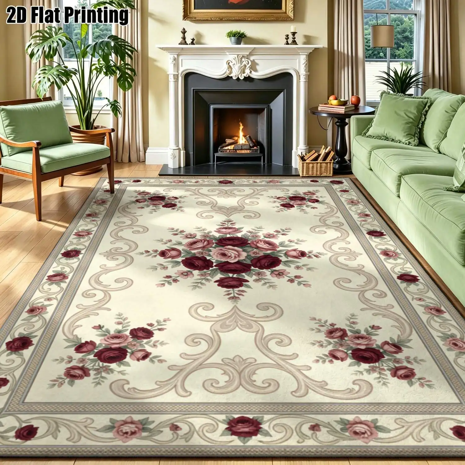 1Pc 2D Printed Rose Pattern Wine & Powder Carpet, European Vintage Home Decor, Machine Washable, Multi-Size, Multi-Use Floor Mat