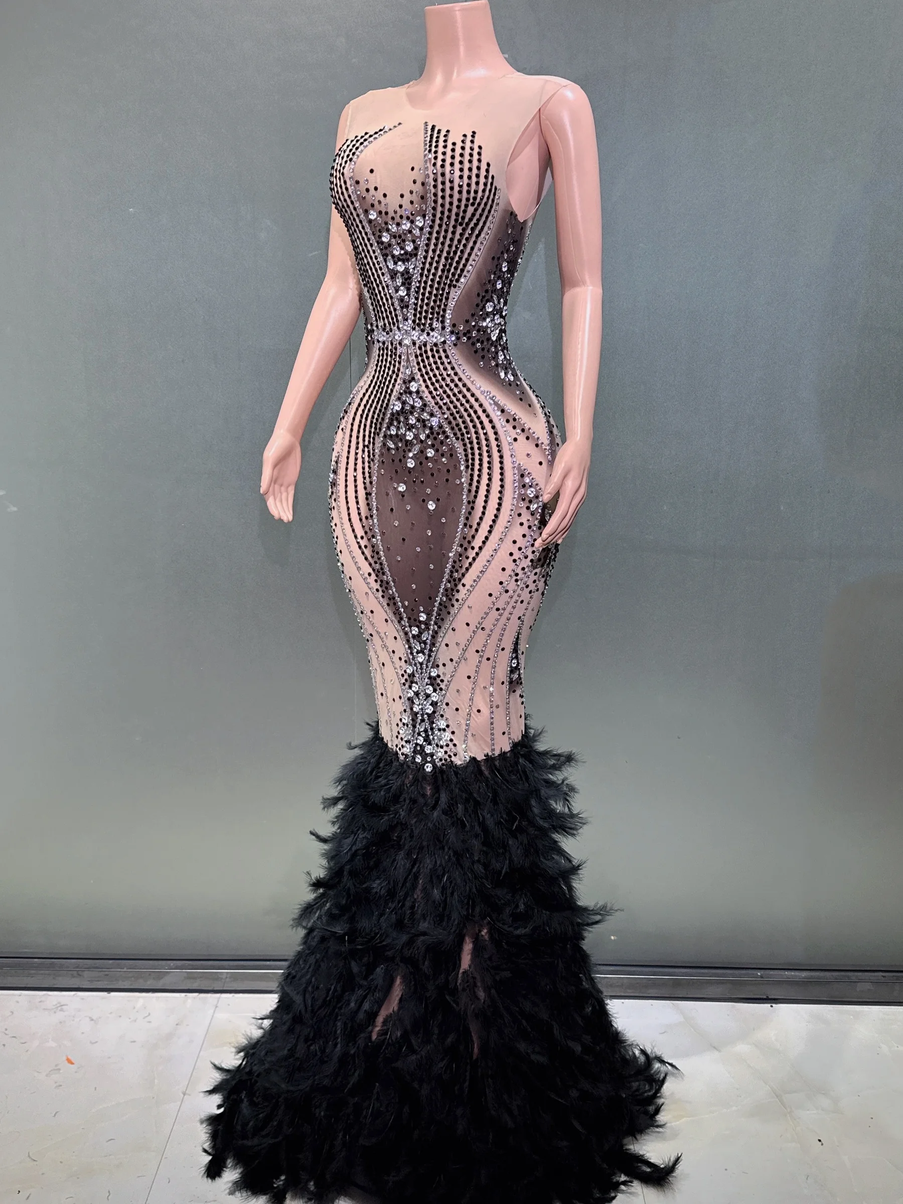 Black Rhinestones Feather Sexy See-Through Fishtail Dress Evening Party Performance Costume Nightclub Singer Dancer Stage Wear