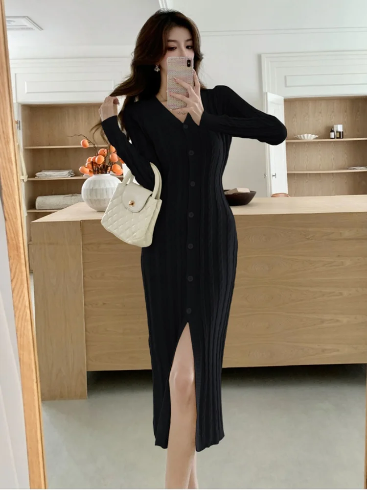 SMTHMA français élégant Sexy col en v torsions pull à manches longues une pièce robe femme Style doux dame Sofe robes en tricot