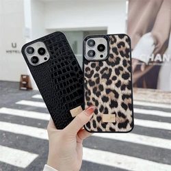 3D Luxury Leopard Snake Crocodile Metal Label Phone Case Protect for iPhone 15 13 12 11 14 16Pro Max XS XR Texture Leather Cover