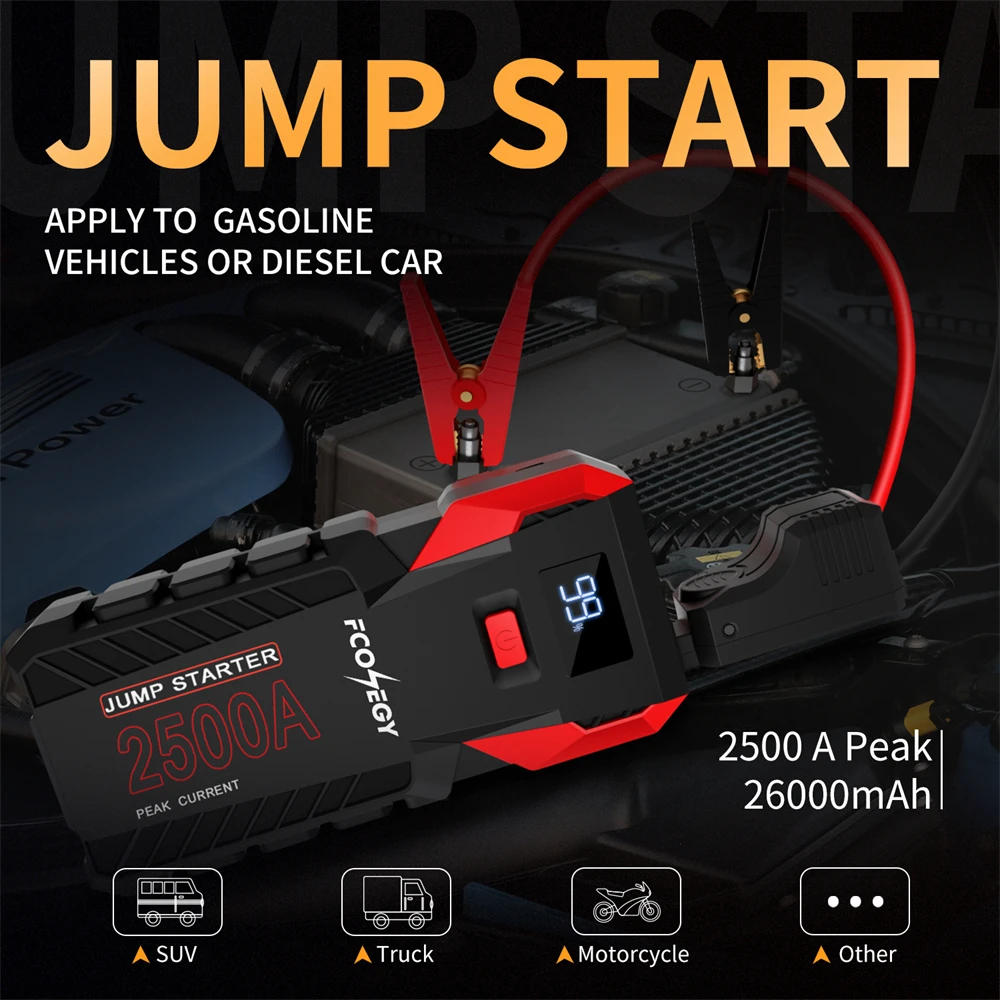 FCONOGY-Carro Portátil Jump Starter, Banco De Potência, Bateria De Carro De Emergência, Dispositivo De Iniciação, Auto Booster, 2500A, 26000mAh, 12V