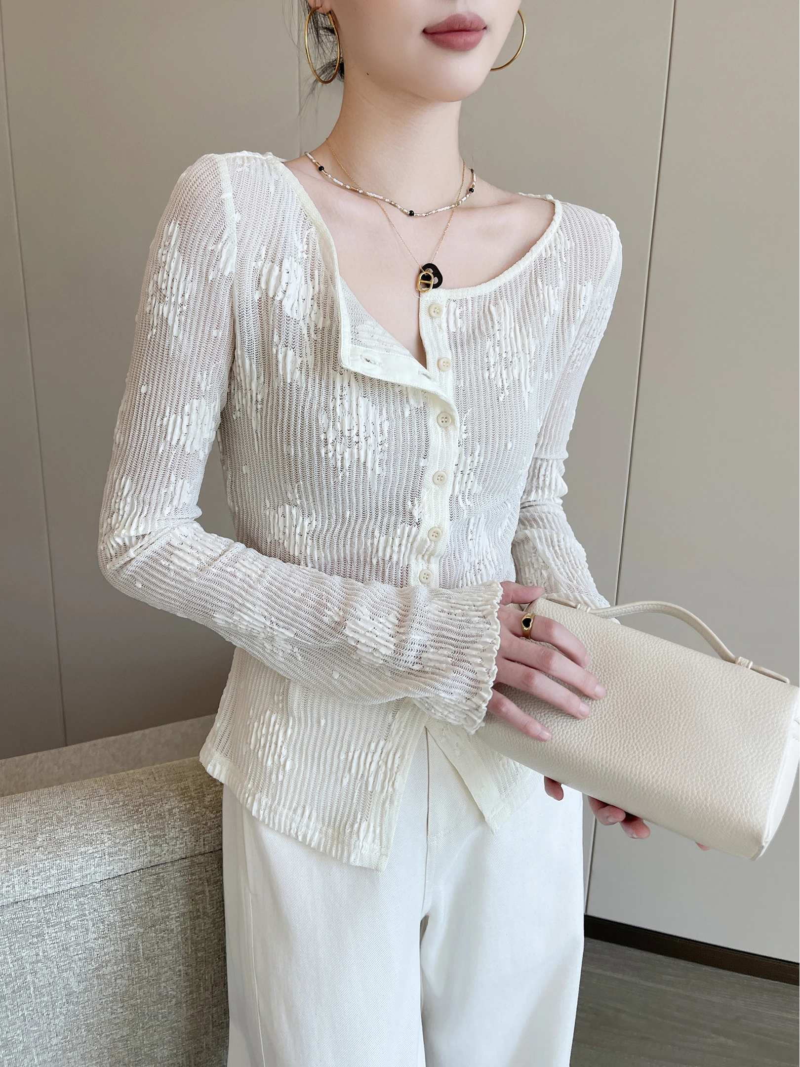 

Ele Long Sve Lace Open Cardigan Women's Inner Wear Top in Beige Color Spring New Arrival PIN Quali Faion