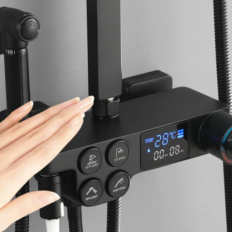 Shower Black Copper All Household Bathroom  Set Temperature Digital Display Rotating Lifting Pressure s
