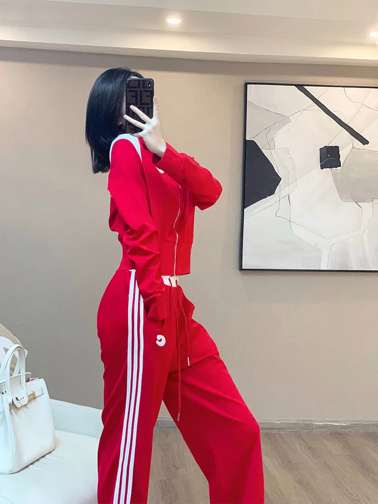 2024 Korean Version Red Short top Sports suit Women\'s Spring Autumn Winter Loose and Stylish Casual Wide leg Pants two-Piece set