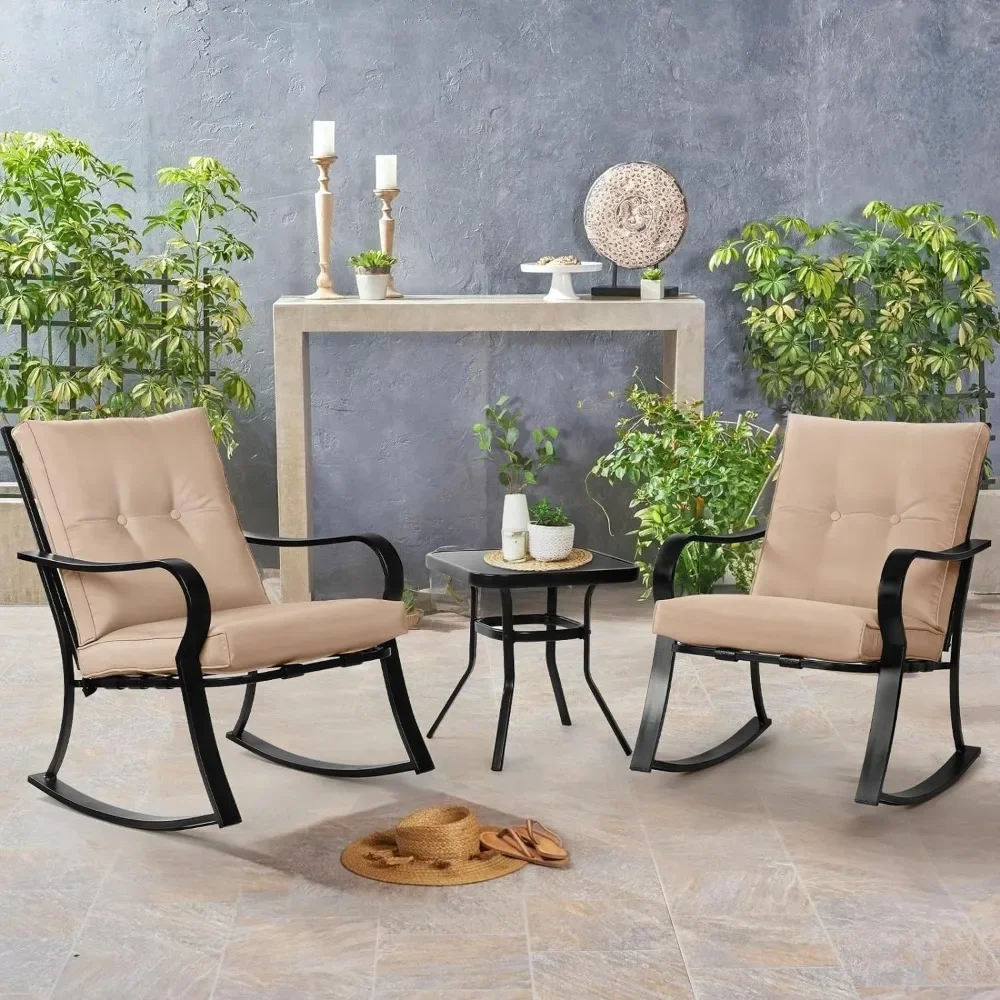 3-Piece Outdoor Rocking Chairs Bistro Set, Black Iron Patio Furniture with Brown Thickened Cushion & Glass-Top Coffee Table