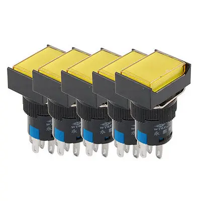5P Yellow Light Momentary 1NO 1NC Rectangular Push Button Switch AC 220V