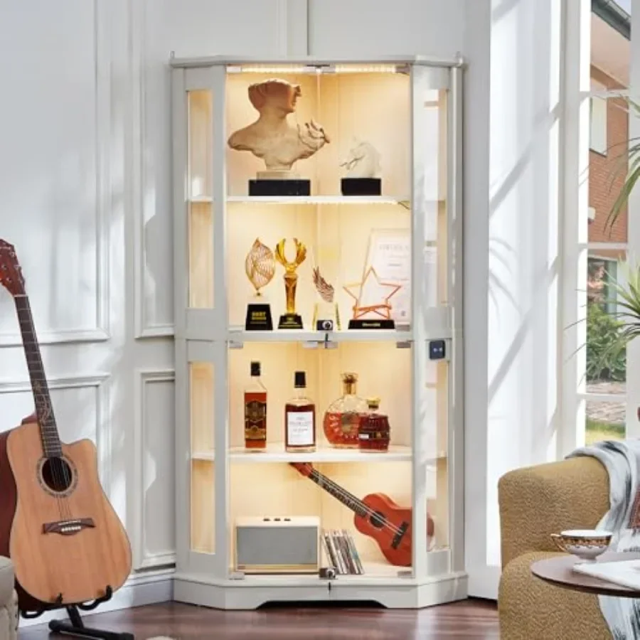 Farmhouse Corner Display Cabinet with Lock for Living Room, Solid Wood, White, Adjustable Shelves and Secure Locking Mechanism