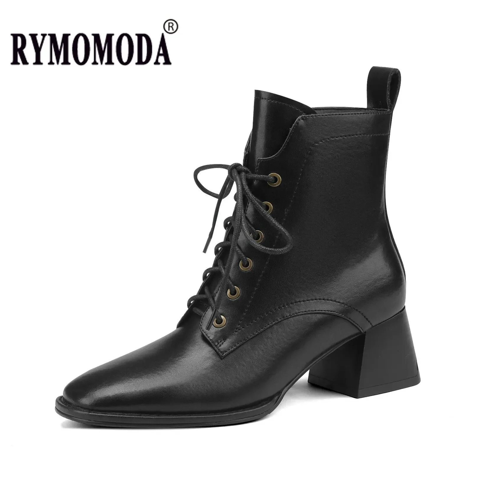 

Women Ankle Boots Handmade Luxury Real Leather Medium Heels Laces Black Short Boot Elegant Female Booties Designer Shoe Big Size