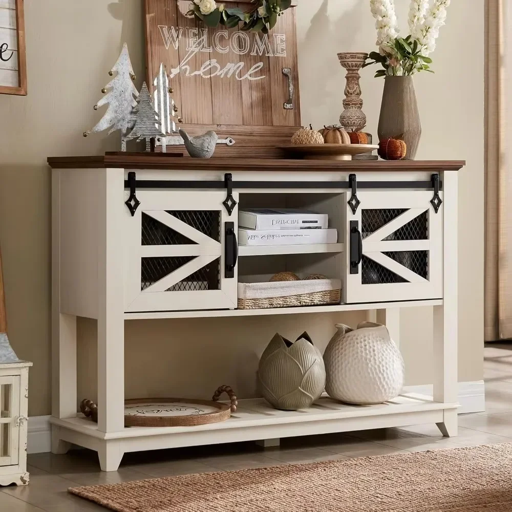 Entryway Table w/Sliding Barn Doors, 46'' Farmhouse & Industrial Rustic Console Sofa Table with Storage, w/Adjustable