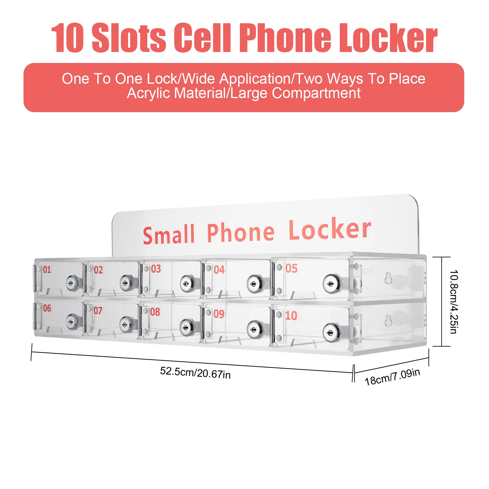 Cell Phone Lockers with High Security, Acrylic Material, Each Slot with Exclusive Key, Easy Wall Mounting, Compact Design,