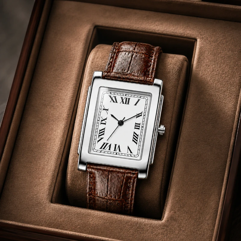 New Men’s Square Quartz Wristwatch Vintage Roman Numeral Dial Leather Band Analog Watch Business Dress Male Watch Orologio Uomo