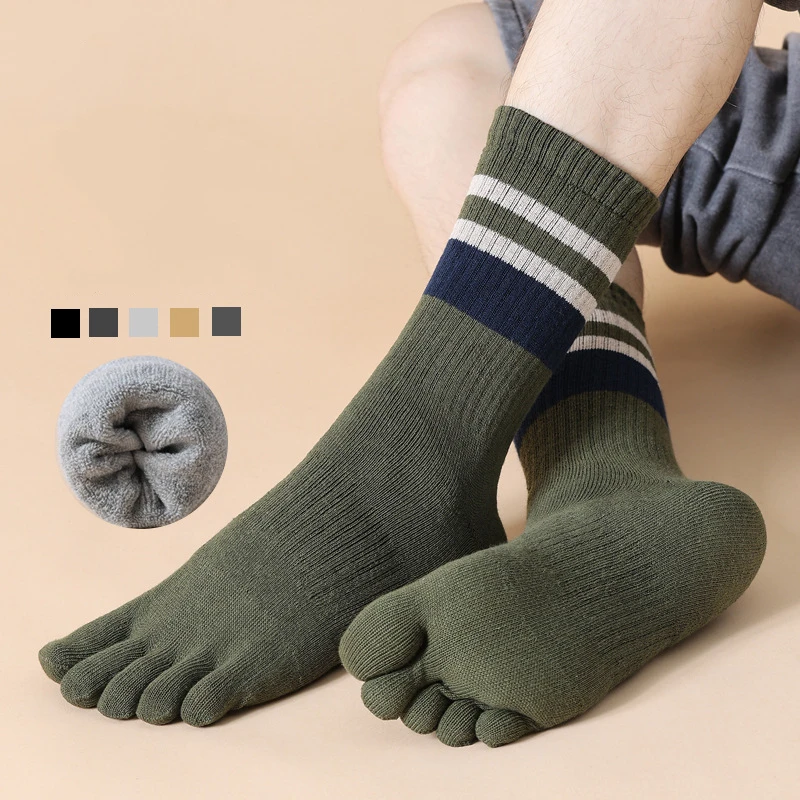

5 Pairs Terry Toe Socks Man Cotton Striped Thick Soft Elastic Sweat-Absorbing Keep Warm Party Dress Long 5 Finger Happy Socks