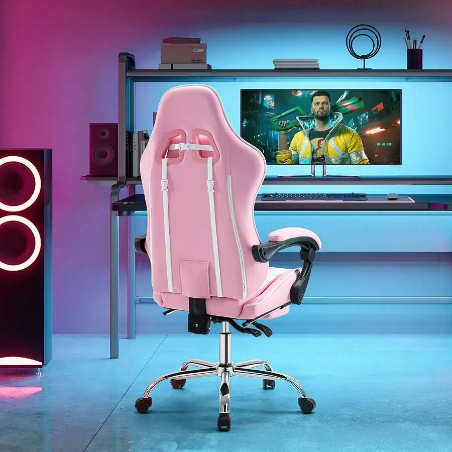 Ergonomic Gaming Chair With Lumbar Support & Footrest, PU Leather Lounge Chair With Adjustable Headrest & Fixed Armrests, 360° R