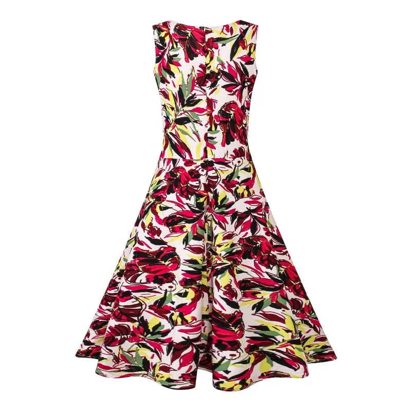 Hepburn Style Floral Printing Vintage Summer Dress New Women Sleeveless Large Swing Sexy Party Dress Plus Size S-3XL