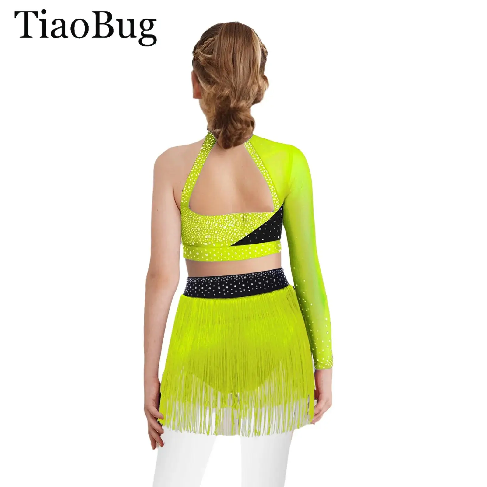 

Girls Lyrical Ballet Dance Outfit One Shoulder Long Sleeve Sheer Mesh Rhinestones Crop Top +Tassels Briefs Skirt Latin Dancewear