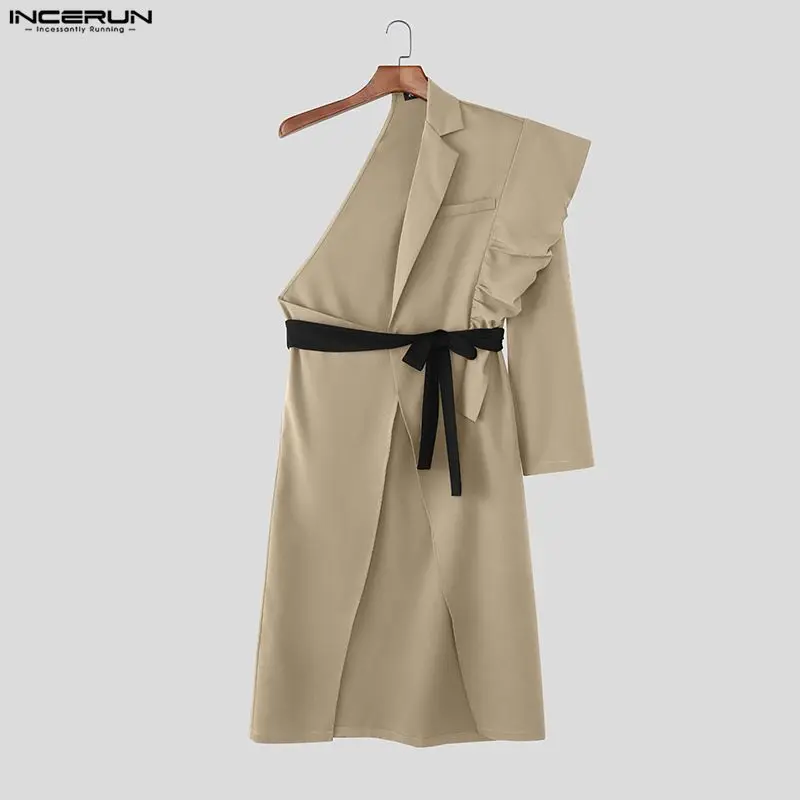 

INCERUN Men Irregular Blazer Patchwork Ruffle Long Sleeve Long Style Blazer Men Streetwear Fashion Casual Male Suit Personality