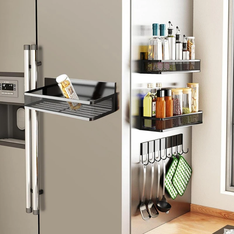 Refrigerator Magnetic Rack 3Pcs No Drilling Wall Mount Spice Rack Kitchen Organizer Utensil Hanger Hook Shelf Organizer Kitchen