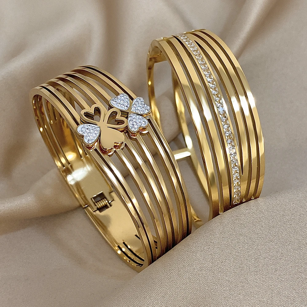 

Freetry Luxury Zircon Inlaid Stainless Steel Bracelet for Women Fashion Multilayer Spring Wide Cuff Bangle Hand Jewelry Gift New