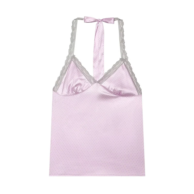 YENKYE Women's Satin Polka Dot Cami Top Lace Trim V Neck Front Button Waist Drawstring Fitted Camisole Summer Tops