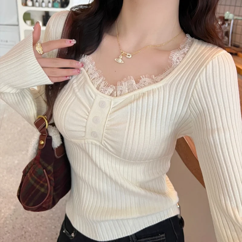 

Women's V-neck Lace Knitted Base Layer Top with Slim Fit, High Softness Elasticity Short-Sleeved Sweater