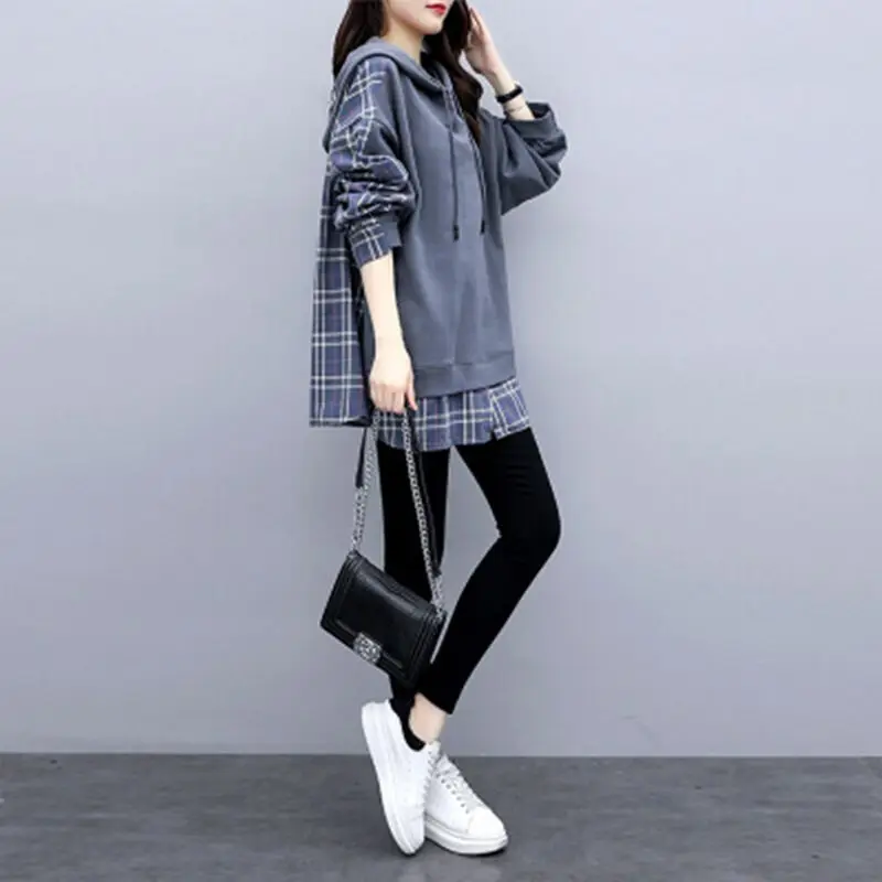 2026 Fall New Checkered Patchwork Faux Two-Piece Hooded Sweatshirt Women Korean Loose Mid-Length Top