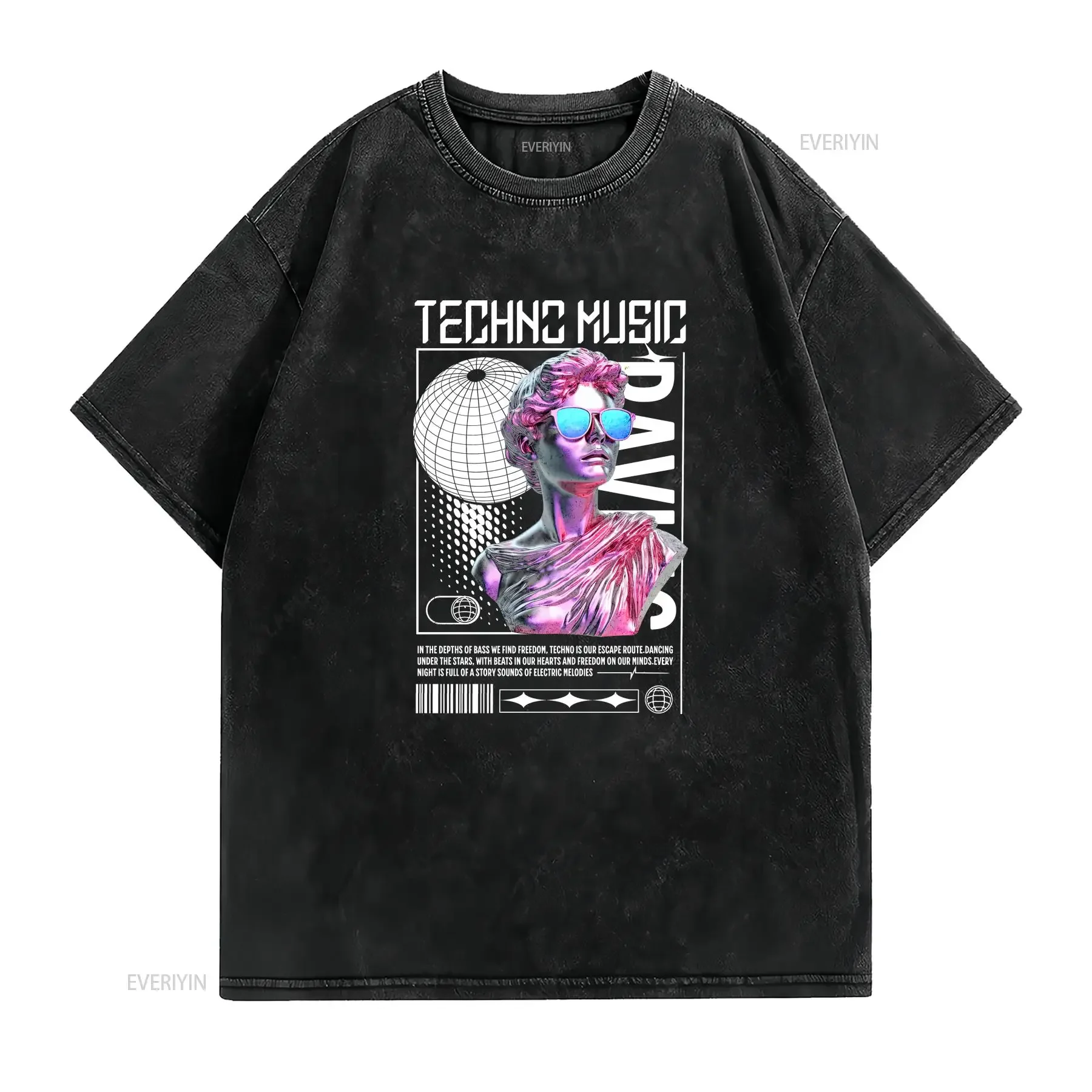 Techno T Shirt Music Futuristic Neon Statue Design Festival Fashion for Lovers and Ravers Idea vintage Washed Casual fashion