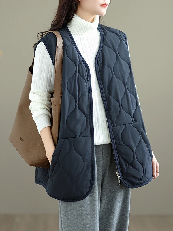 Women's Casual Loose Fit Quilted Jacket Vest Warm down Cotton Sleeveless Coat Zipper Closure V-Neck Thickened Winter Outerwear