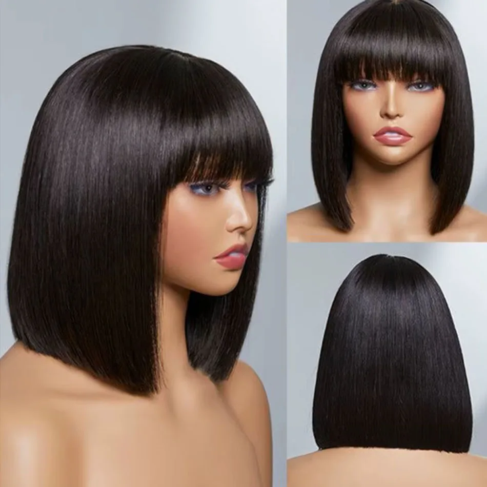 Straight Human Hair Wigs With Bangs Fringe 3X1 Part Lace Bob Wigs Realistic Scalp Brazilian Straight Virgin Bob Wigs With Bangs