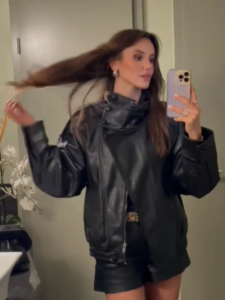 Women's Autumn Fashion Standing Collar Leather Jackets Windproof Loose Fold Coats Vintage Style High Street Outdoors Clothes