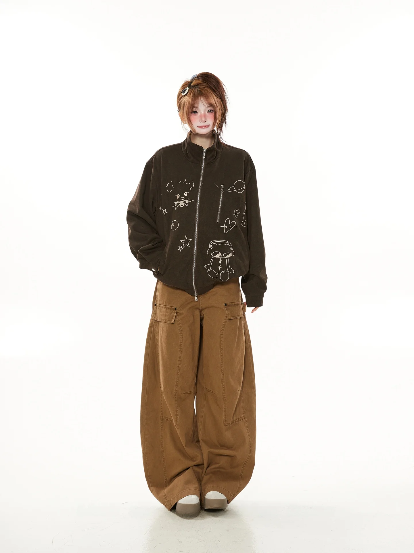 

Милый мультяшный воротник-стойка с вышивкой, рабочий джинт, женская весна-осень, новая крутая повседневная студенческая верхняя одежда из полиэстера, длинный све