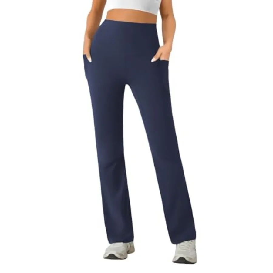 

Womens High Waist Yoga Pants Stretchy Casual Trousers Straight Leg Pull On Side Pockets