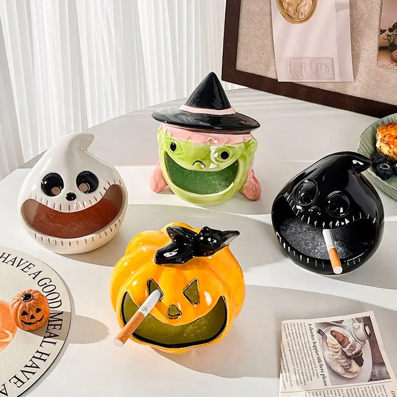 Halloween Ceramic Ashtray Decorative Ghost Pumpkin Anti Fly Ash Creative Ashtray Halloween Home Decor Ghost Festival Ashtray