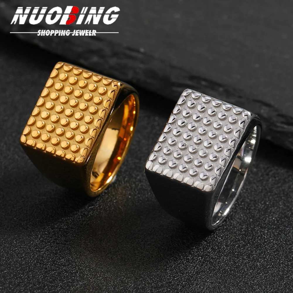 Minimalist Signet Ring for Men Wide Rectangle Square Polka Dot Stainless Steel Gothic Punk Rock Boy Stamp Rings Jewelry Gift