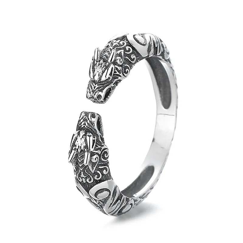 Retro Ethnic Style Twelve Zodiac Signs Double Dragon Head Animal Opening Adjustable Ring Men's Fortune Jewelry Gift