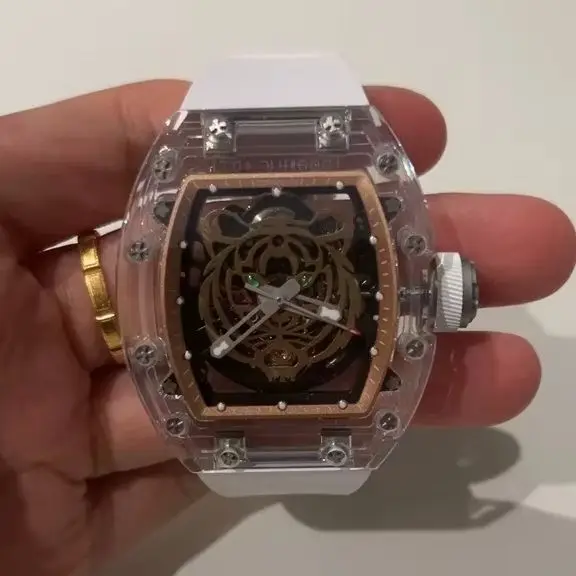 CRONUSART Men Automatic Watch 50mm Tonneau Mechanical Wristwatch Acrylic Case Luminous Sapphire Skeleton Tiger Dial FKM Strap