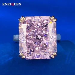 Genuine 100% 925 Real Silver 14*16MM Ice Cut Pink Quartz Rings for Women Gemstone Lab Diamond Wedding Party Fine Jewelry Gifts
