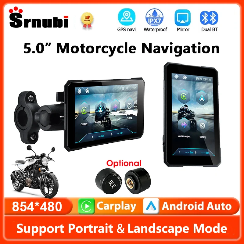 

Портативный 5-дюймовый мотоциклетный GPS-навигатор с беспроводным CarPlay, Android Auto, Bluetooth, водонепроницаемый дисплей IPX7, монитор для мотоцикла с поддержкой TPMS