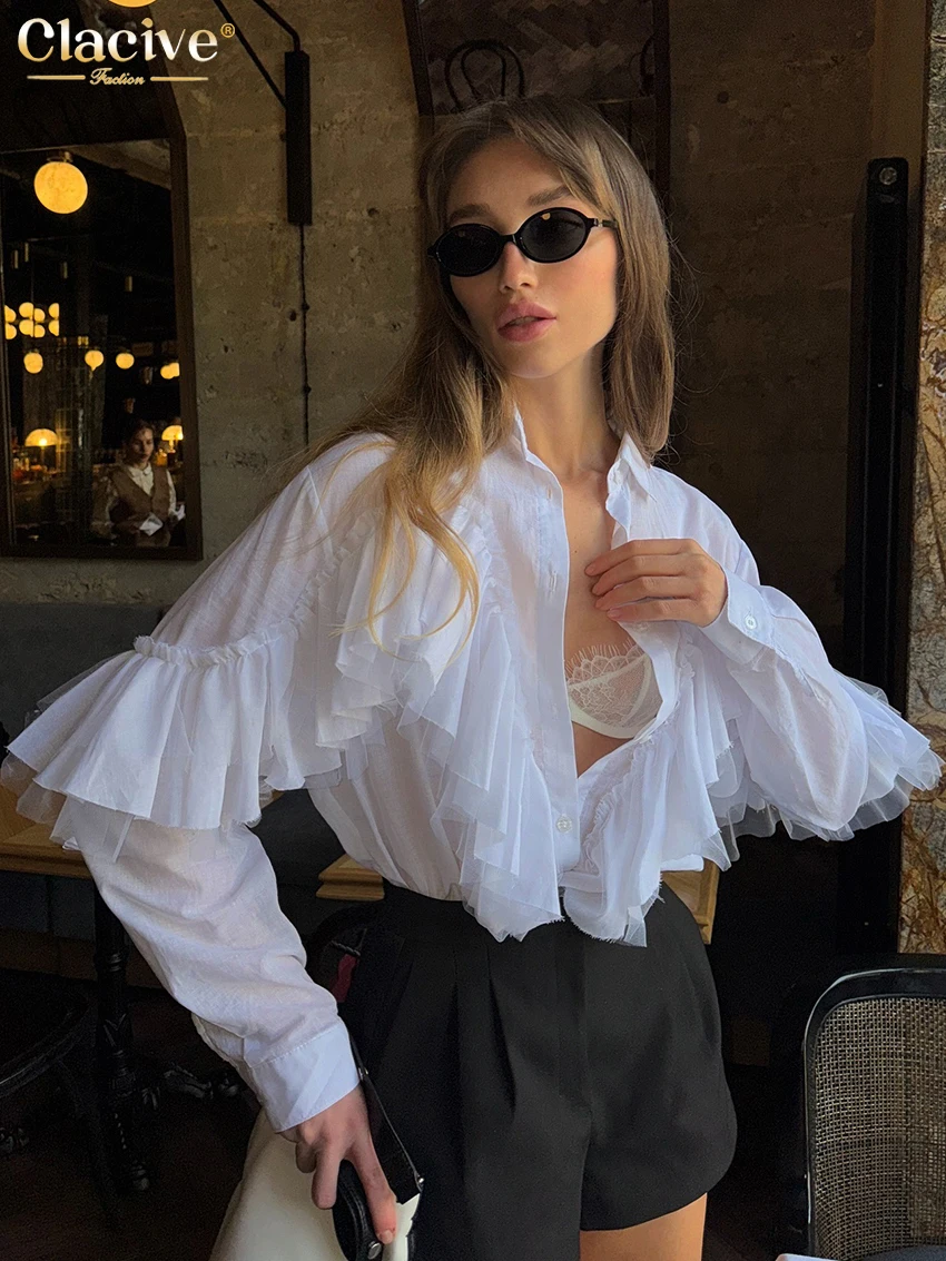 Clacive Fashion Loose White Women's Shirt 2025 Casual Lapel Long Sleeve Shirts Elegant Classic Ruffle Solid Top Female Clothing