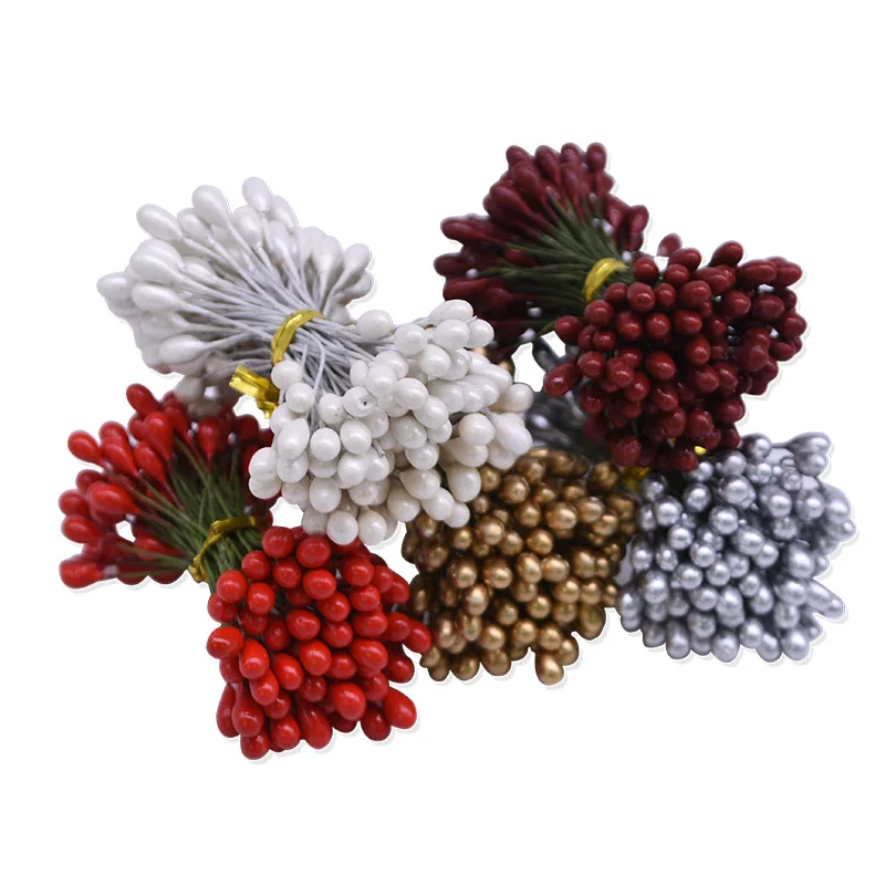 50/100pcs Artificial Flower Stamen Berries Bundle Gold Silver Double Heads Cherry Stamen DIY Christmas Wedding Wreath Decoration